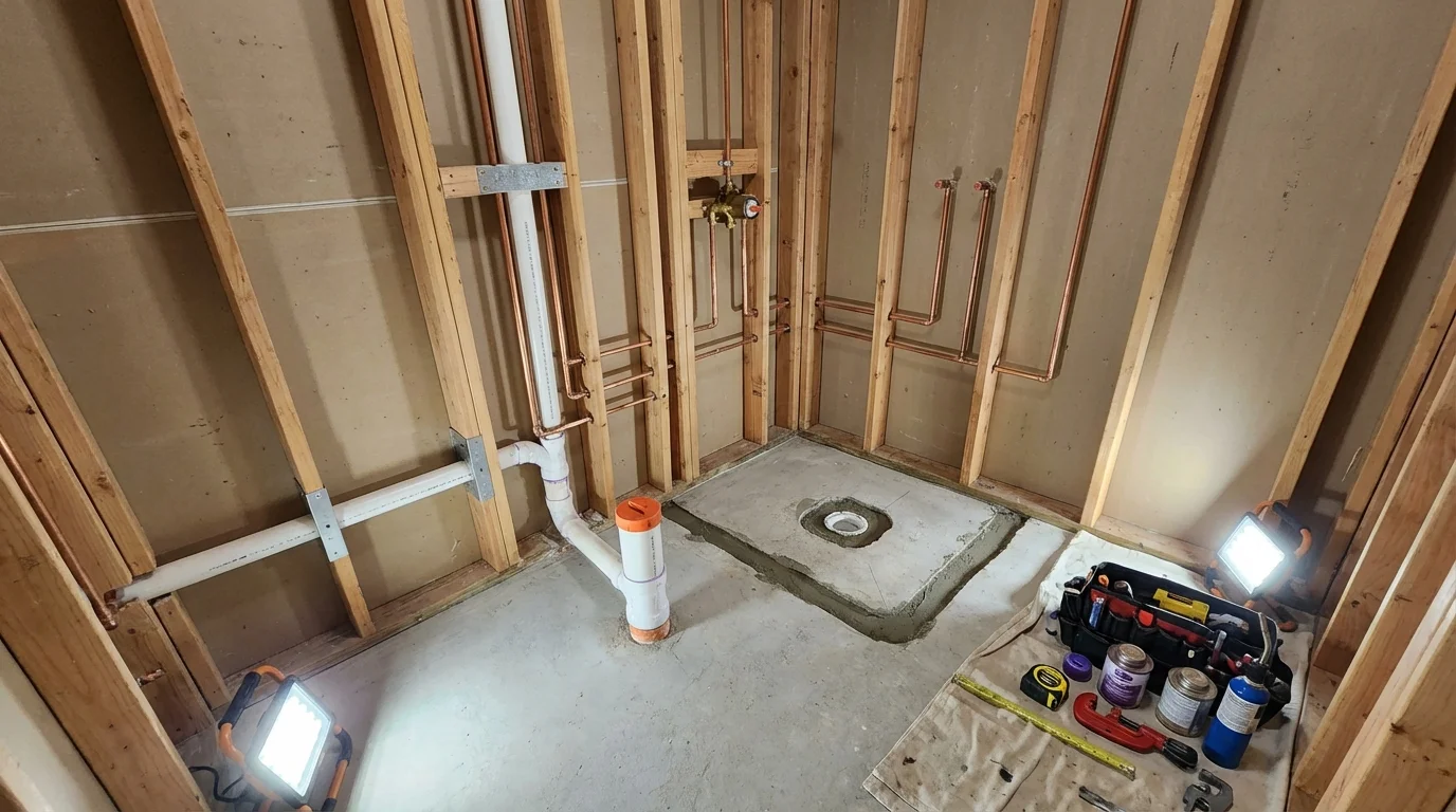 Bathroom rough-in plumbing during remodel by Johns Plumbing LLC in Pittsville