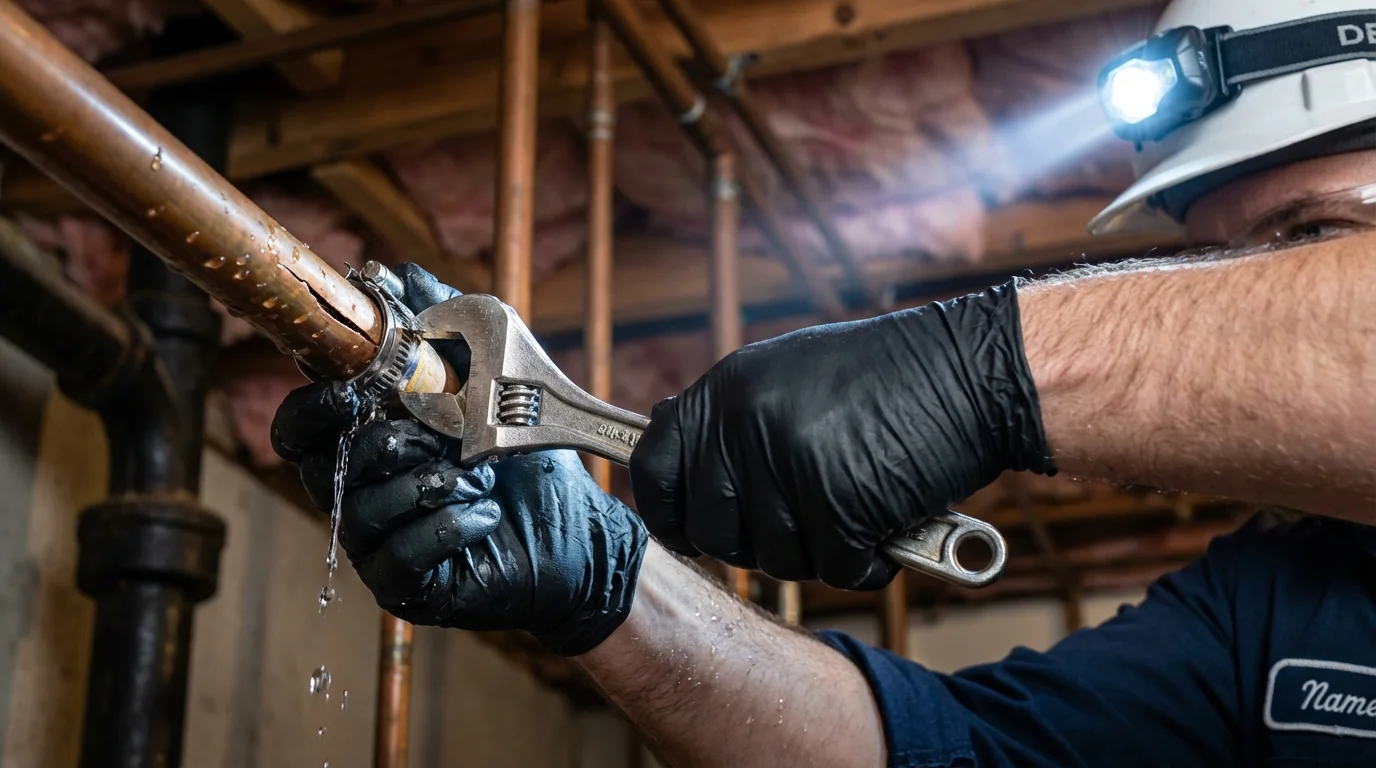 Emergency pipe clamp repair being performed by a Johns Plumbing LLC plumber in Pittsville