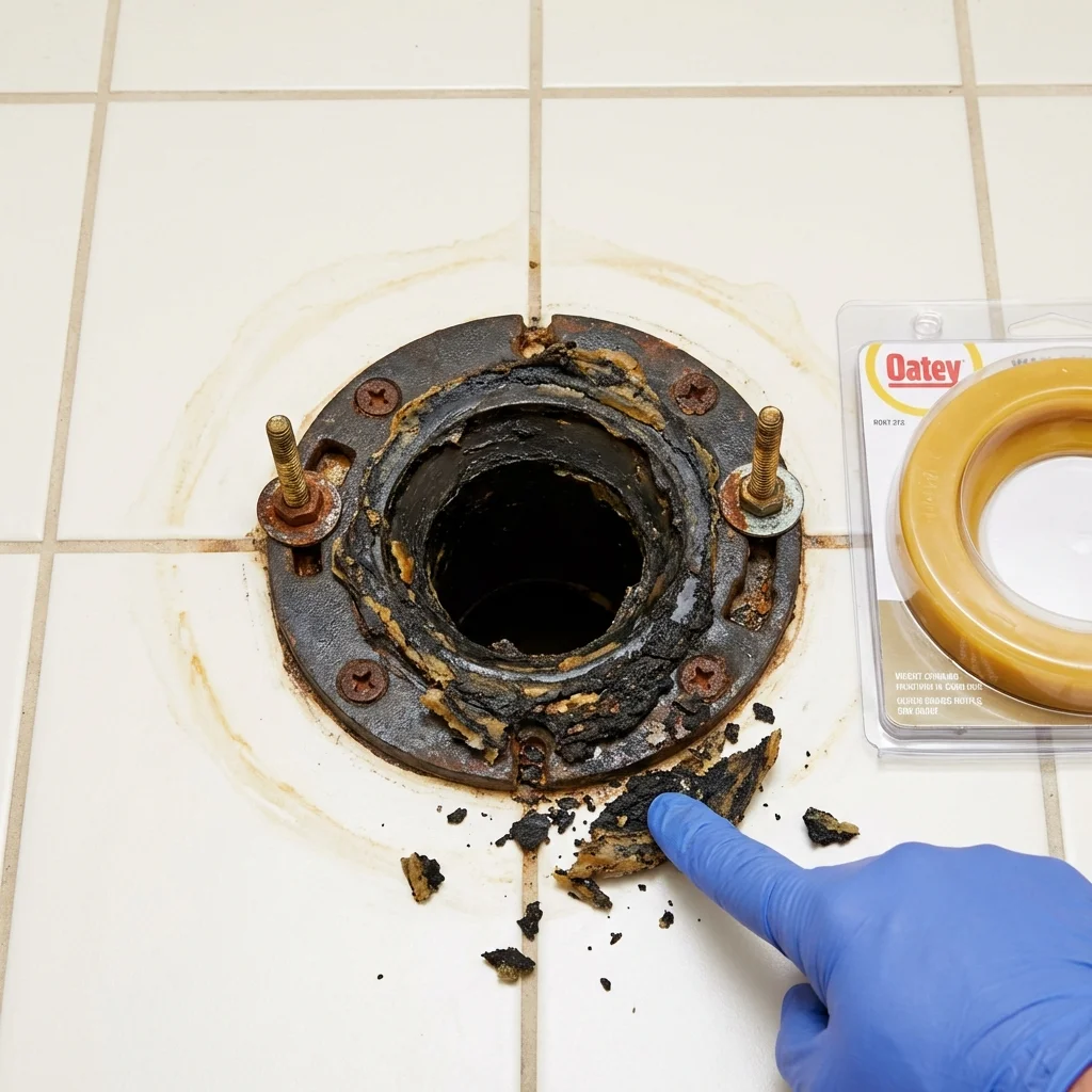 Failed wax ring showing water seepage at the base of a toilet in a Pittsville, MD home