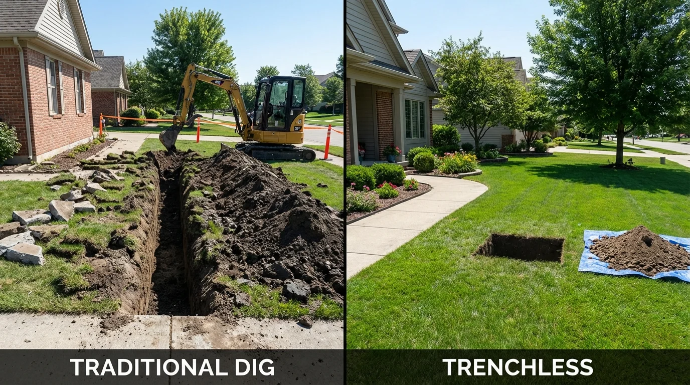 Trenchless sewer repair with minimal yard damage versus traditional excavation in Pittsville, MD