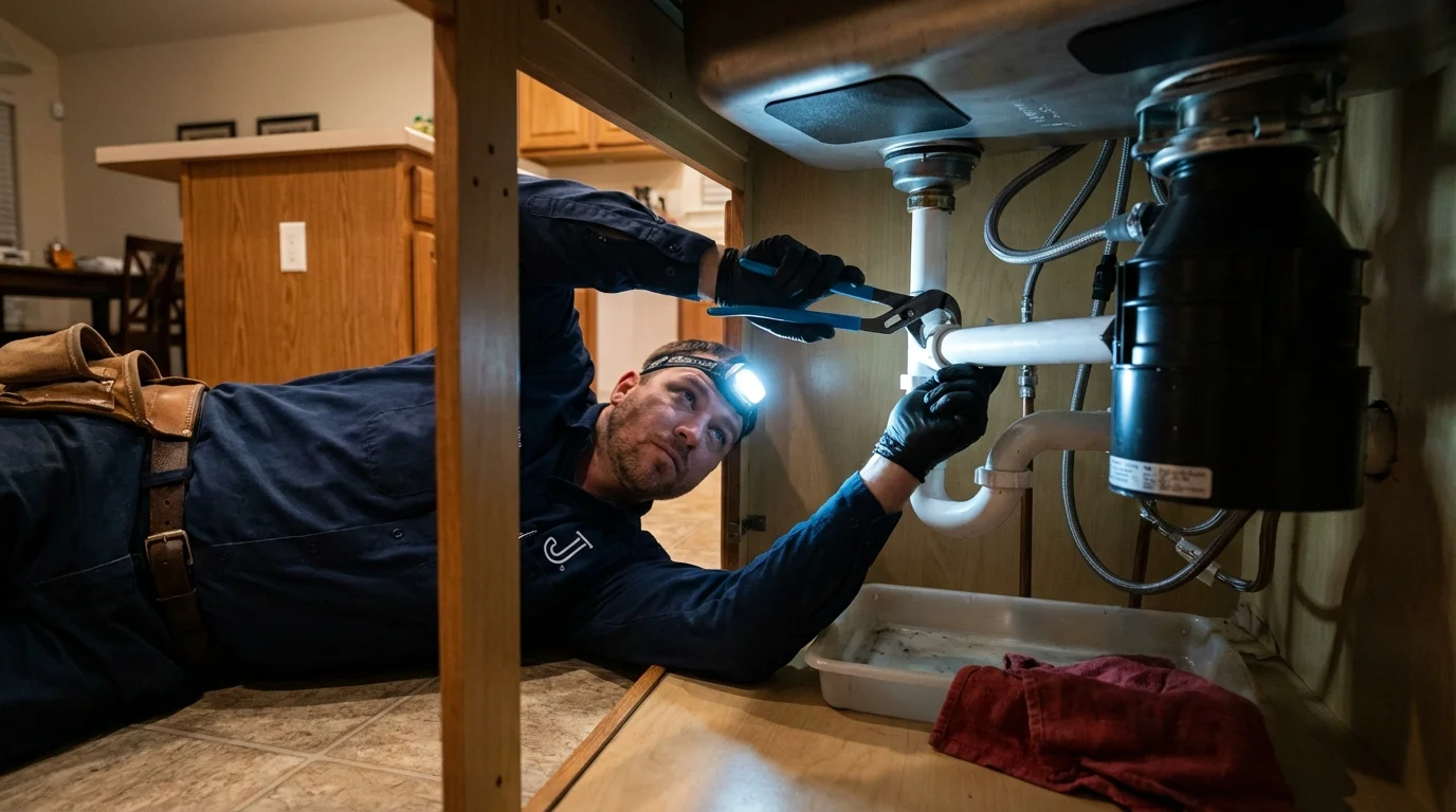P-trap and supply line connections under a kitchen sink showing a common leak point in Pittsville, MD
